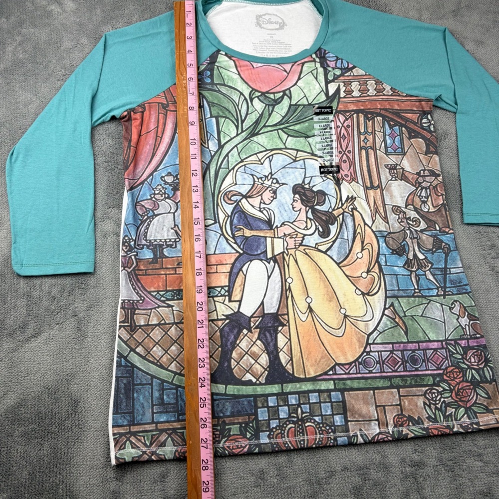 Disney Beauty and the Beast Stained Glass Raglan Tee Hot Topic XL Teal 3/4 Sleev - Picture 5 of 6